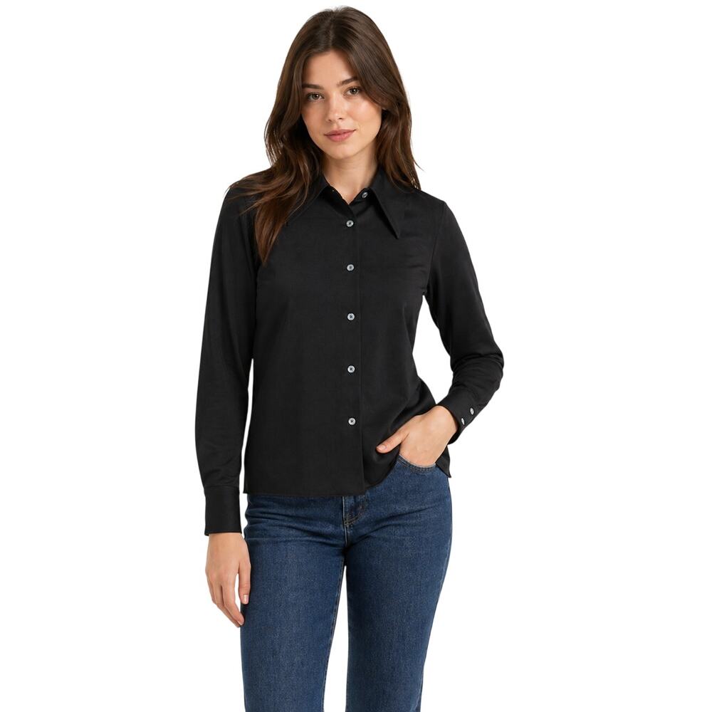 Vintage 70s Women's Small Black Polyester Button Front Shirt Wide Collar